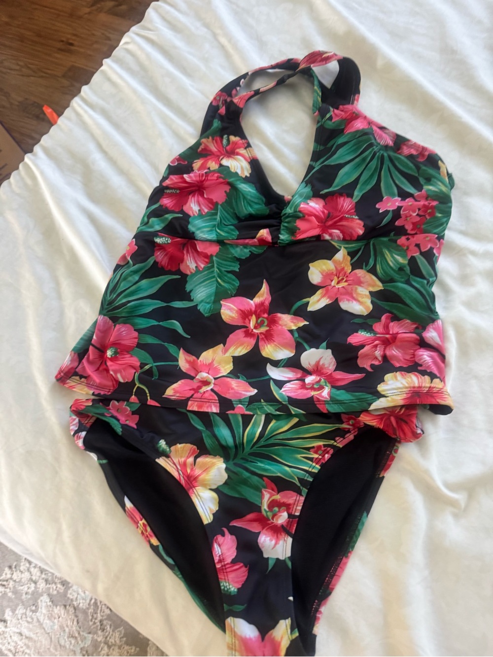 Oasis Tankini Two Piece Swimsuit - Black with Pink & Green Floral